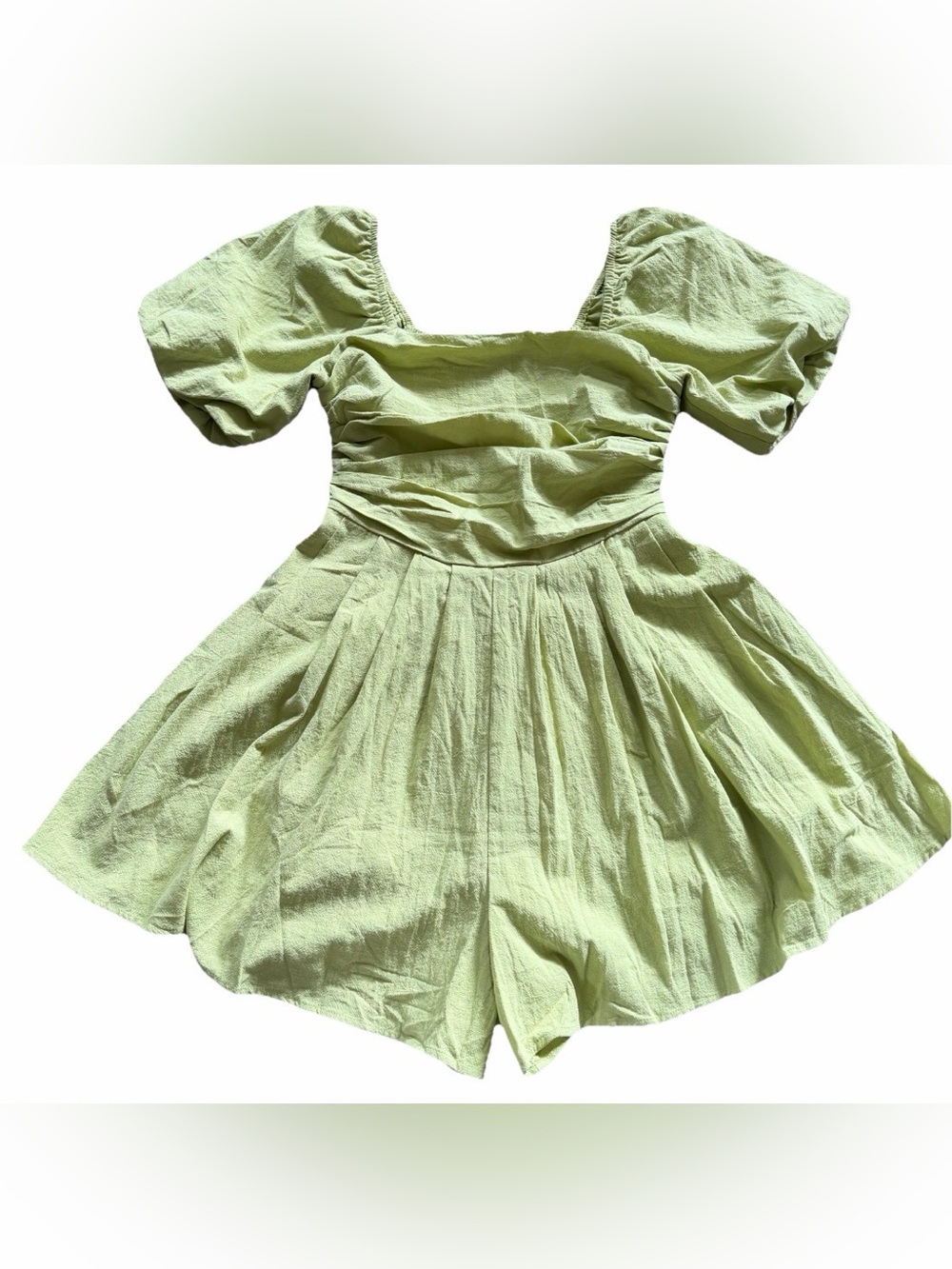 Women’s Lime Green Puff Sleeve Mini Dress/Romper Ruched Bodice Fit & Flare SZ M